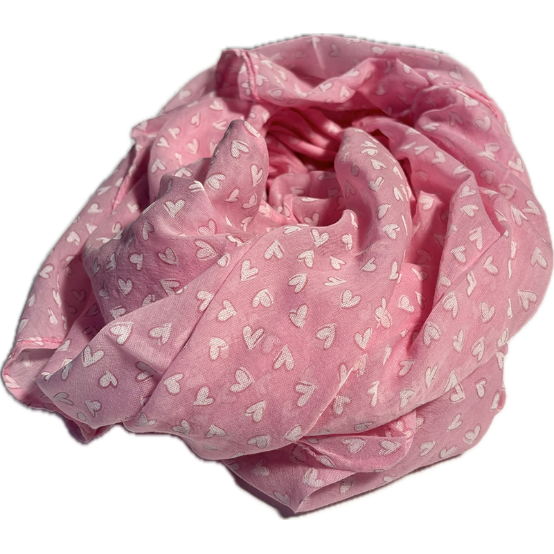 Szal lekki różowy w białe rysowane serca
