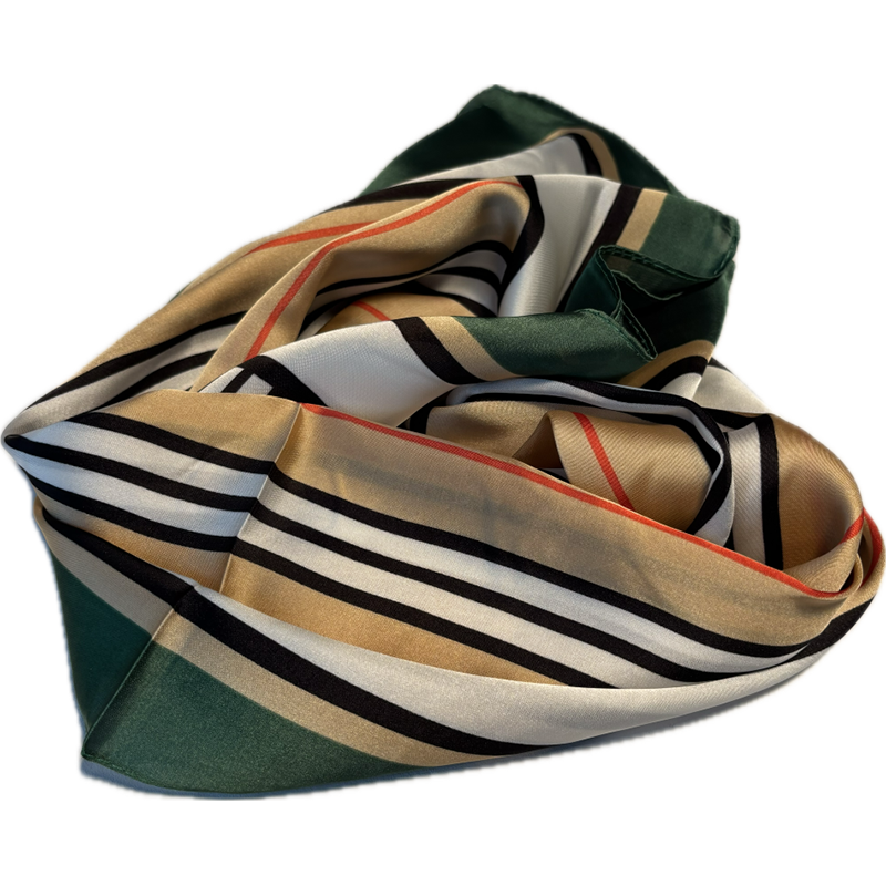 Apaszka szal satynowy zielony w paski czarno-czerwone