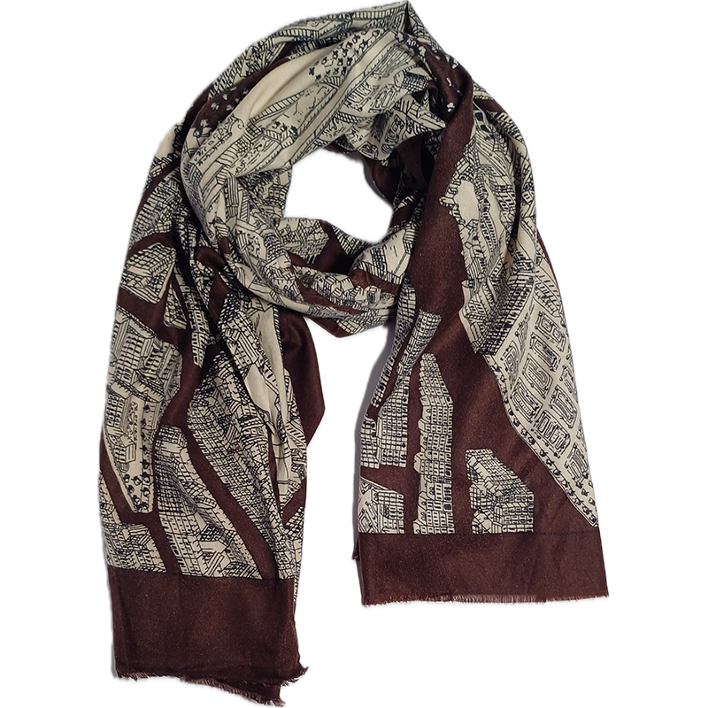Szal ciepły brązowy we wzór rysowanego miasta