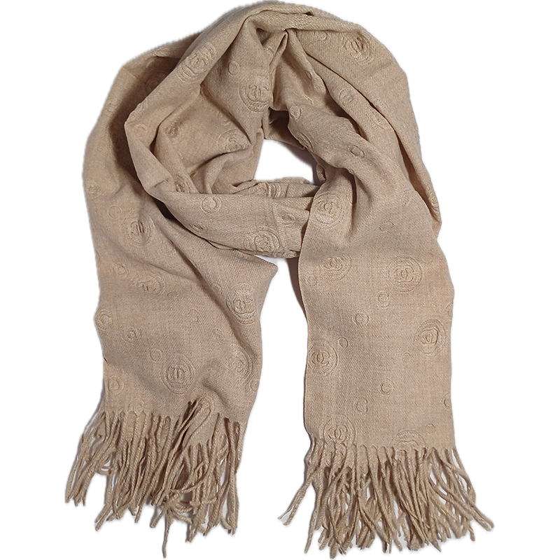 Szal szalik ciepły beżowy z frędzlami i wytłaczanym wzorem