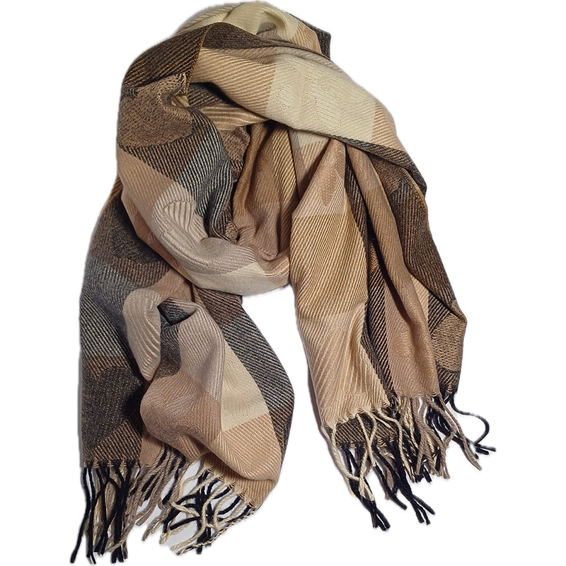 Szal szalik ciepły beżowy z frędzlami we wzór kwiatków i serc