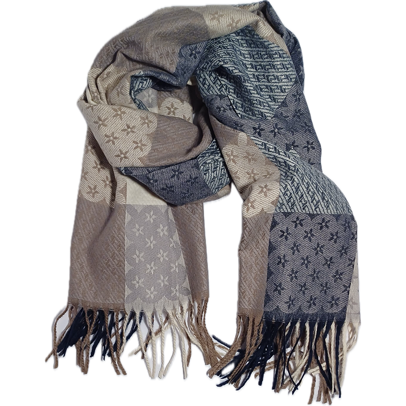 Szal szalik ciepły niebiesko beżowy z frędzlami we wzór kwiatków