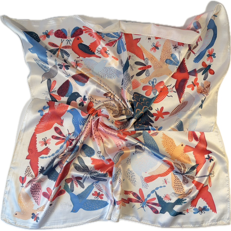 Szalik apaszka satynowa - jasny beż w ptaki