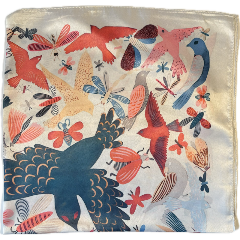 Szalik apaszka satynowa - jasny beż w ptaki