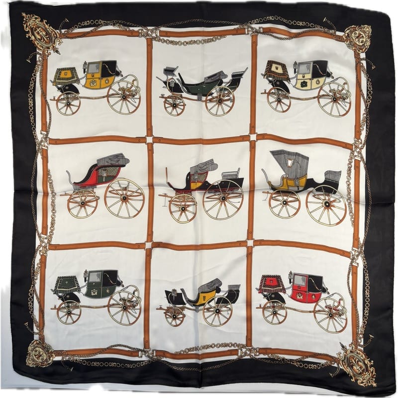 Apaszka vintage karoce konie beżowa kolorowa elegancka cienka
