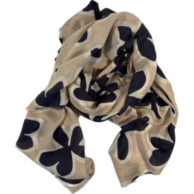 Szalik Cienki Beżowy Kwiatki – Czarne Białe Kontury