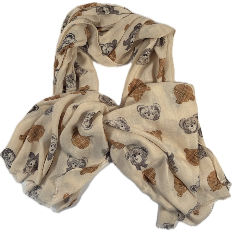 Szalik Cienki Beżowy Misie Kratka – Pluszowy Wzór