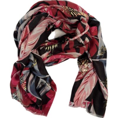 Szalik Cienki Tropikalny Czarny – Różowe Liście Złote Akcenty