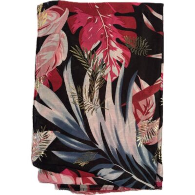 Szalik Cienki Tropikalny Czarny – Różowe Liście Złote Akcenty