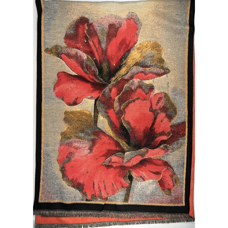 Szal w czerwone kwiaty maki szary żółty