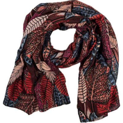 Szalik w kolorowe liście burgundowa niebieska ze złotymi zdobieniami