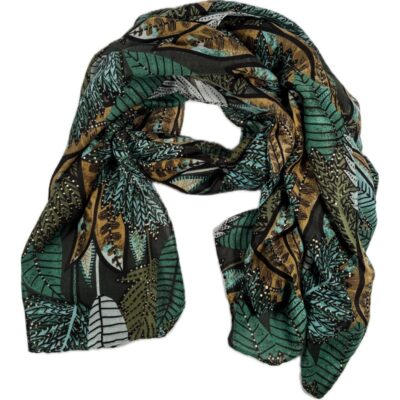 Szalik w kolorowe liście zielona żółta ze złotymi zdobieniami