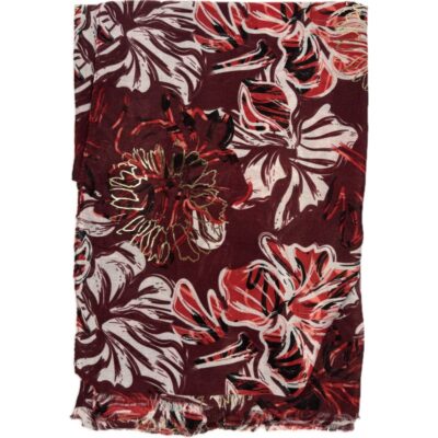 Szalik fioletowy w duże kwiaty tropikalne modalny lekki pozłacany