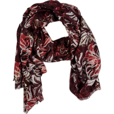 Szalik fioletowy w duże kwiaty tropikalne modalny lekki pozłacany