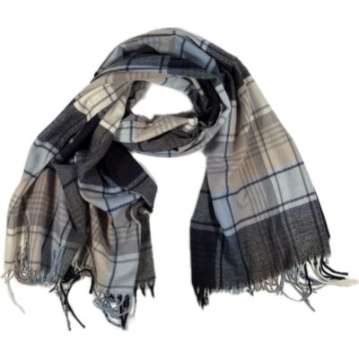 Szal kaszmirowy beżowy w kratę tartan z frędzlami ciepły Szal kaszmirowy beżowy w kratę tartan z frędzlami ciepły