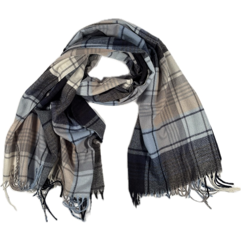 Szal kaszmirowy beżowy w kratę tartan z frędzlami ciepły