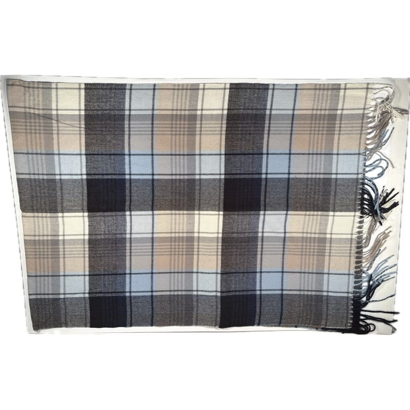 Szal kaszmirowy beżowy w kratę tartan z frędzlami ciepły