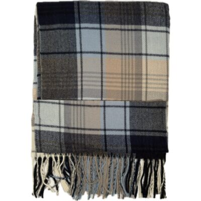 Szal kaszmirowy beżowy w kratę tartan z frędzlami ciepły