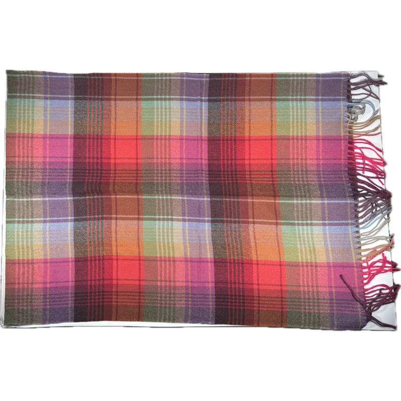 Szal kaszmirowy kolorowy w kratę tartan z frędzlami ciepły