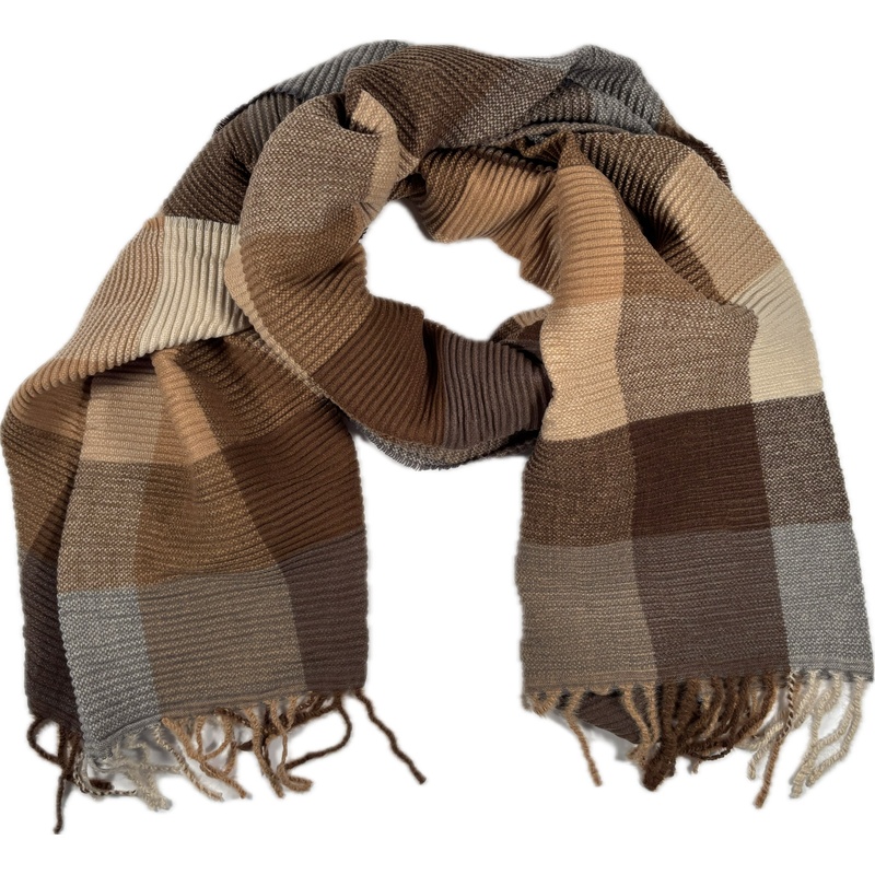 Szal w kratę beżowo-brązowy kaszmir wełna ciepły sweterek