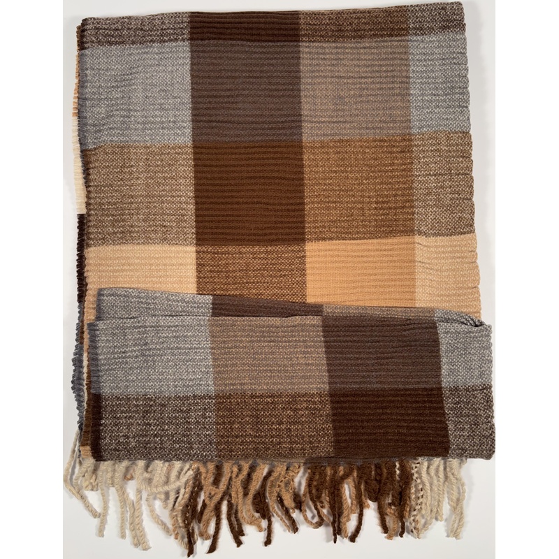 Szal w kratę beżowo-brązowy kaszmir wełna ciepły sweterek