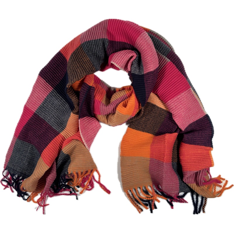 Szal w kratę fuksja pomarańcz kaszmir wełna ciepły sweterek