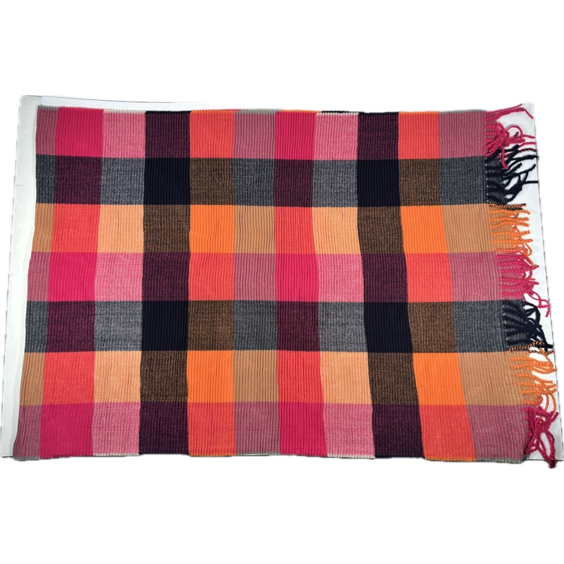 Szal w kratę fuksja pomarańcz kaszmir wełna ciepły sweterek