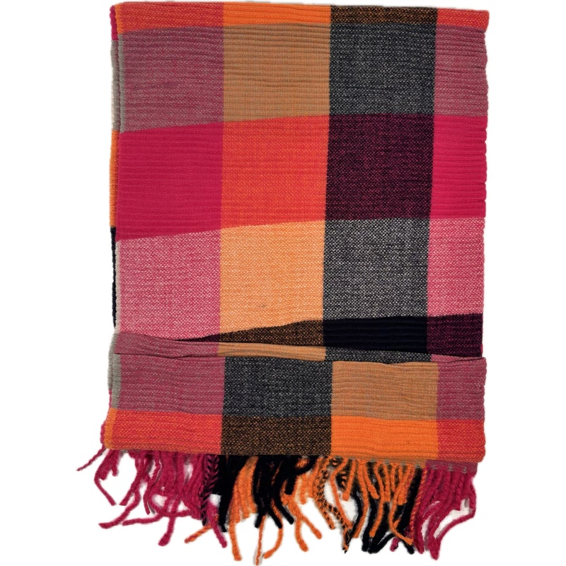 Szal w kratę fuksja pomarańcz kaszmir wełna ciepły sweterek