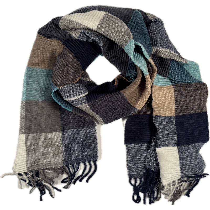 Szal w kratę niebieski beżowy kaszmir wełna ciepły sweterek