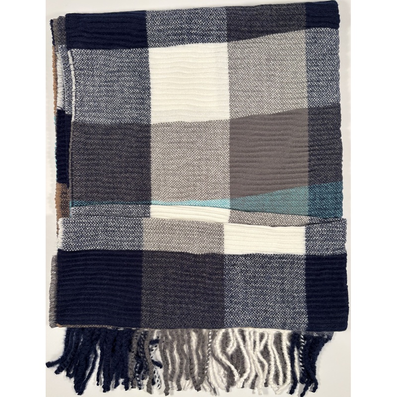 Szal w kratę niebieski beżowy kaszmir wełna ciepły sweterek