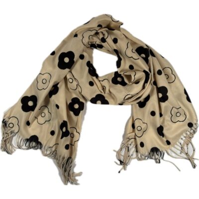 Szalik beżowy w kwiaty retro z frędzlami lekki pozłacany