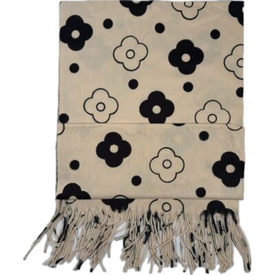 Szalik beżowy w kwiaty retro z frędzlami lekki pozłacany