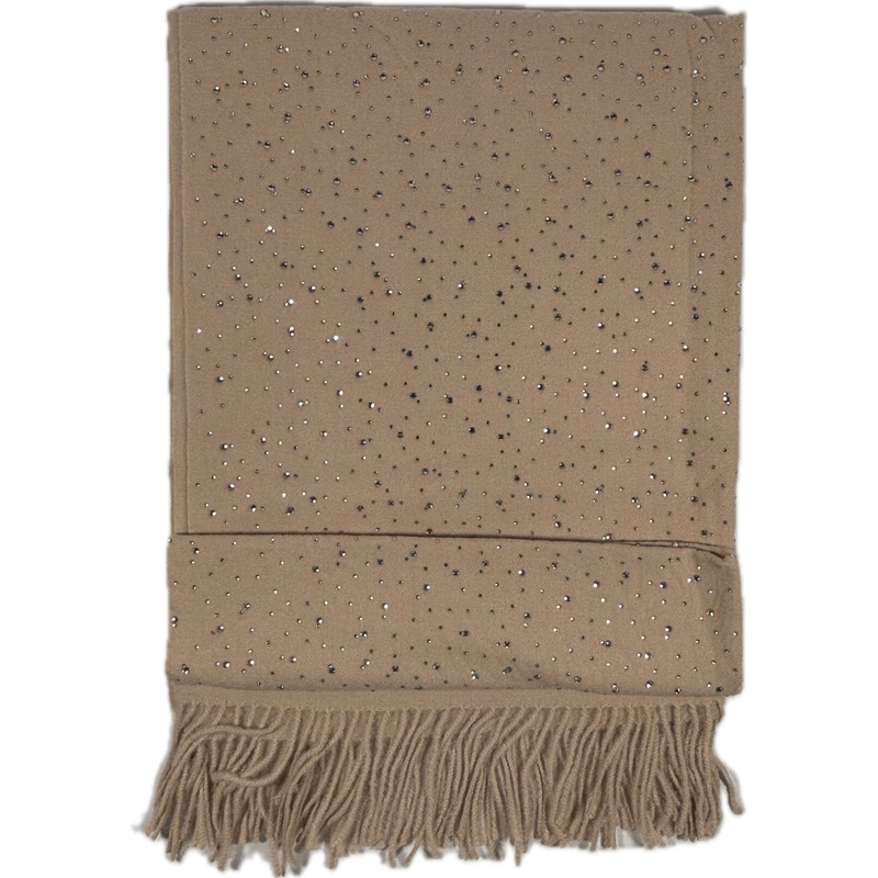 Szalik kaszmir wełna beżowy z cyrkoniami frędzle elegancki