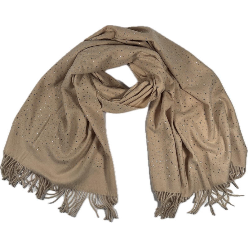 Szalik kaszmir wełna beżowy z cyrkoniami frędzle elegancki