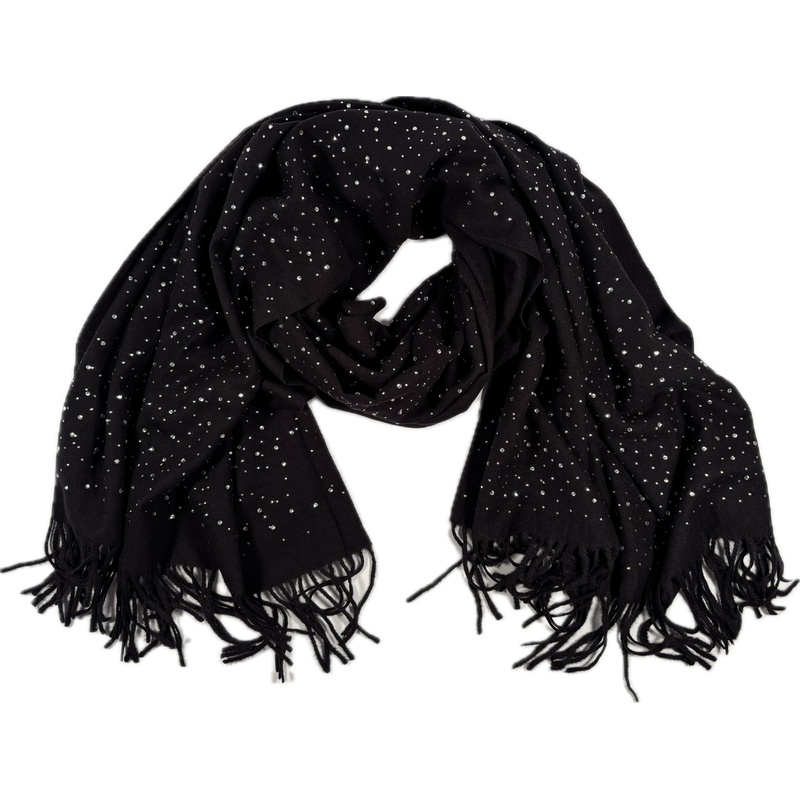 Szalik kaszmir wełna czarny z cyrkoniami frędzle wieczorowy