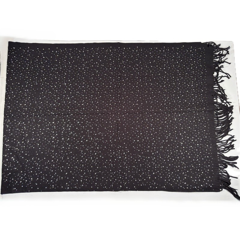 Szalik kaszmir wełna czarny z cyrkoniami frędzle wieczorowy