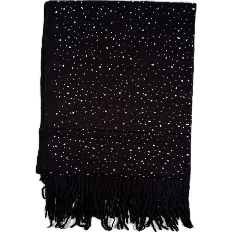 Szalik kaszmir wełna czarny z cyrkoniami frędzle wieczorowy