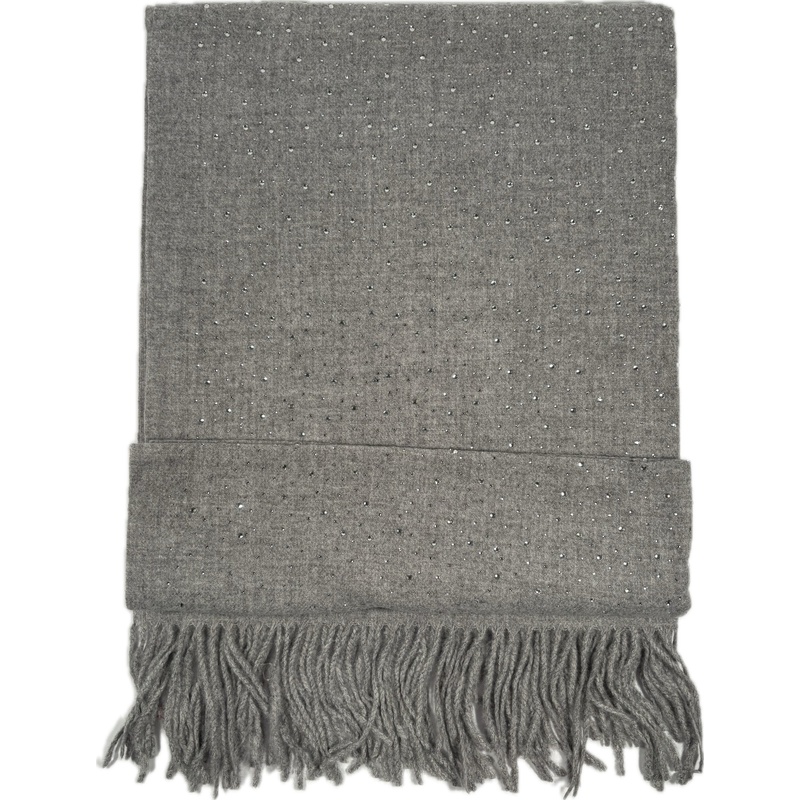 Szalik kaszmir wełna szary z cyrkoniami frędzle elegancki