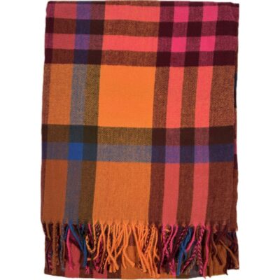 Szal Wiskozowy w Kratę. Pomarańczowy Rudy i Brązowy. Wzór z Frędzlami