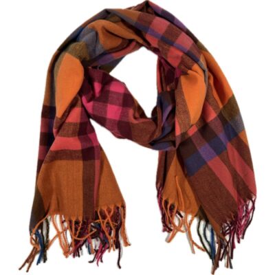 Szal Wiskozowy w Kratę. Pomarańczowy Rudy i Brązowy. Wzór z Frędzlami