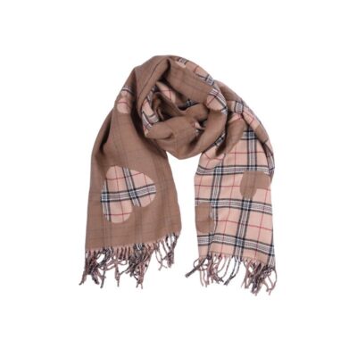 Beżowy Szalik w Kratę i Serca – Wełna z Wiskozą