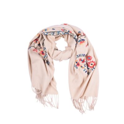 Beżowy Szalik z Haftem w Kwiaty – Wiskoza Wełna