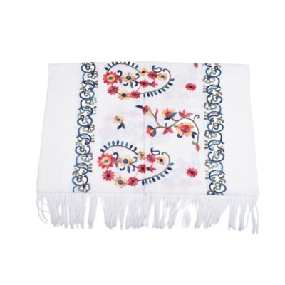Biały Szalik Haftowany w Kwiaty – Wełna i Bawełna