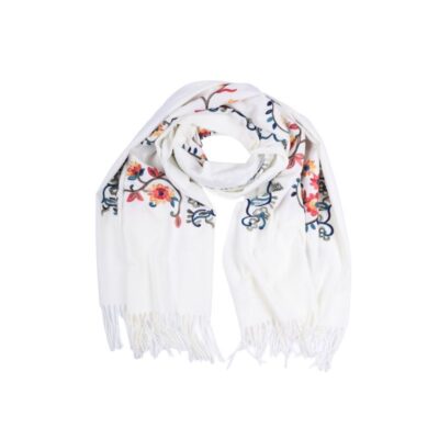 Biały Szalik Haftowany w Kwiaty – Wełna i Bawełna