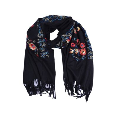 Czarny Szalik Haftowany w Kwiaty – Wełna i Bawełna