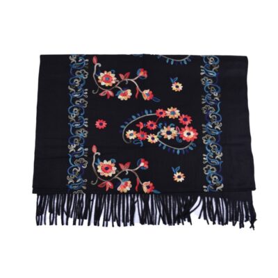Czarny Szalik Haftowany w Kwiaty – Wełna i Bawełna