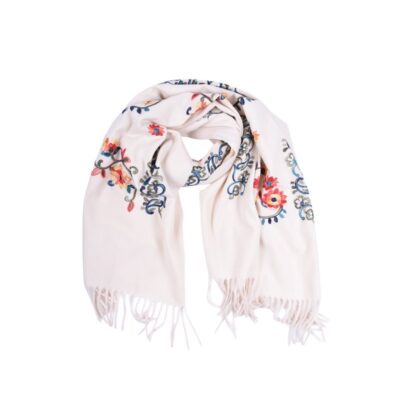 Szalik Ecru w Kolorowe Kwiaty – Bawełna i Wełna