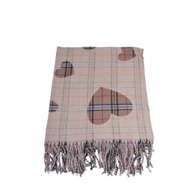 Szalik Jasny Beż w Kratę i Serca – Wełna i Wiskoza