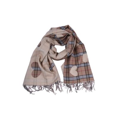 Szalik Jasny Beż w Kratę i Serca – Wełna i Wiskoza