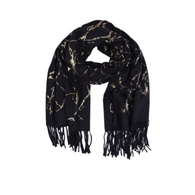 Czarny Szalik Złote Wzory – Wełna i Wiskoza Glamour
